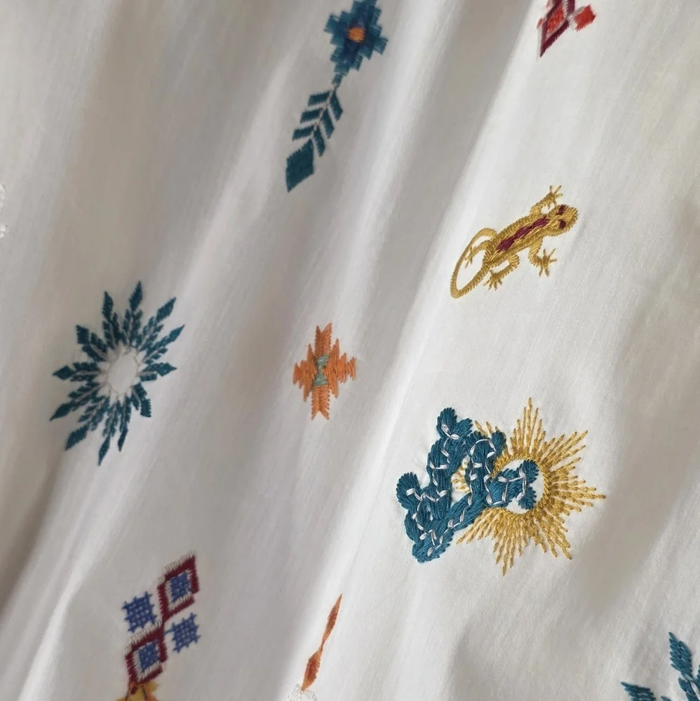 Johnny Was Southwestern Embroidered Top Western Cactus Puff Sleeve S